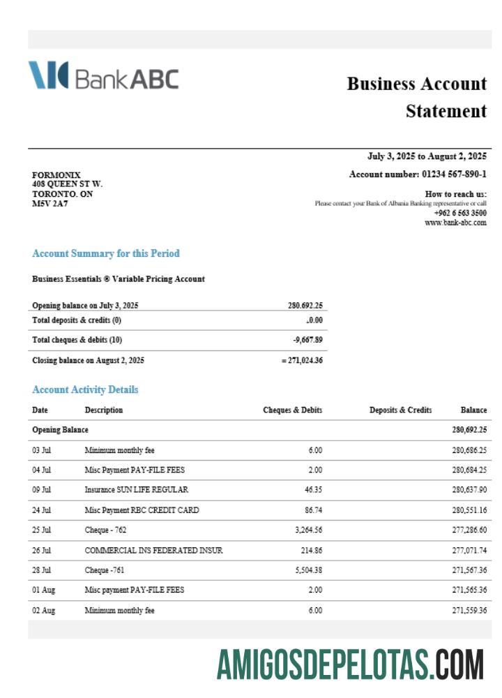 Em branco Jordan ABC Business modelo de extrato de conta Word e PDF